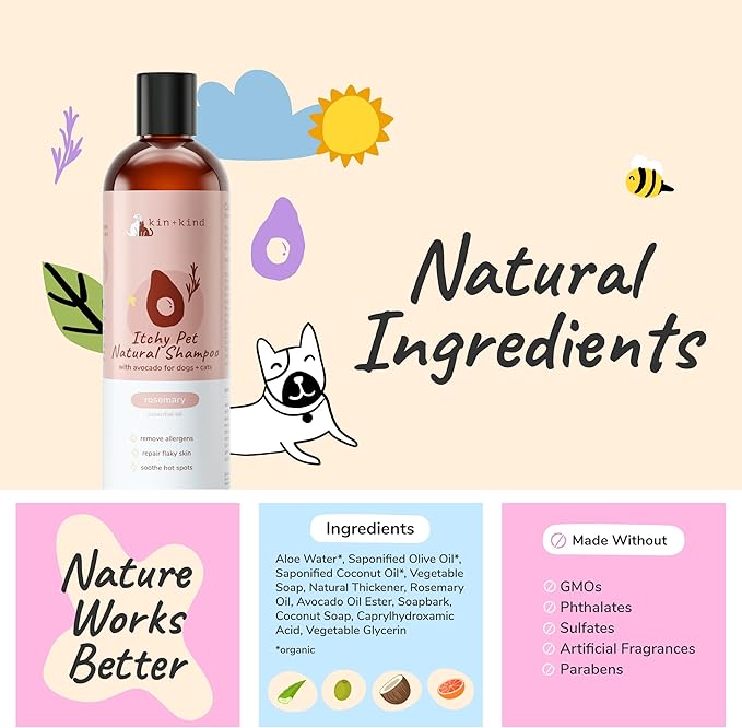 kin+kind Anti-Itch Dog & Cat Shampoo for Itchy Skin and Allergies - Safe, Natural Formula with Olive, Coconut, and Avocado Oil - Made in The USA - Great for Dog Grooming and Cat Supplies (12 fl oz)