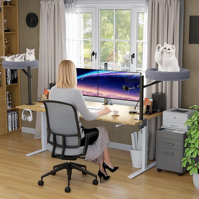 Cat Desk Bed Desktop Large Nest-Sturdy Dual Clamps Supports Up to 50 lbs,360° Adjustable Desktop Cat Perch with Soft Faux Fur Cover,Elevating Hammock for Home Office