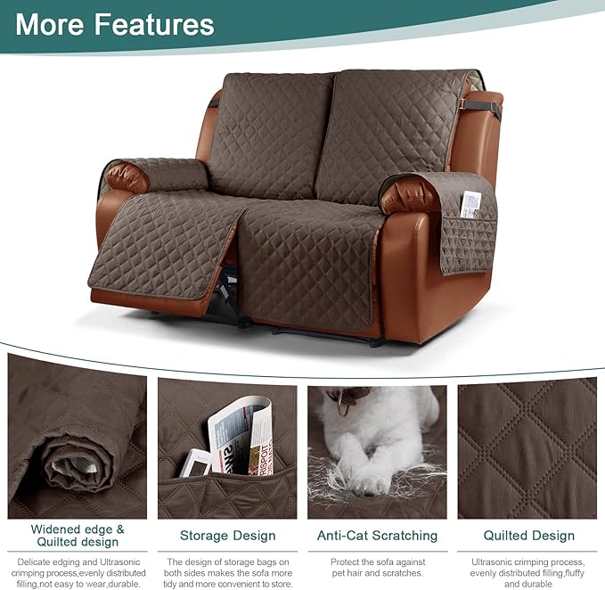 Ruaozz Waterproof Recliner Sofa Cover 1-Piece Couch Covers for Reclining Couches Reclining Sofa Cover Washable Furniture Protector with Elastic Straps Pocket for Kids, Pets (Brown, 2 Seater)
