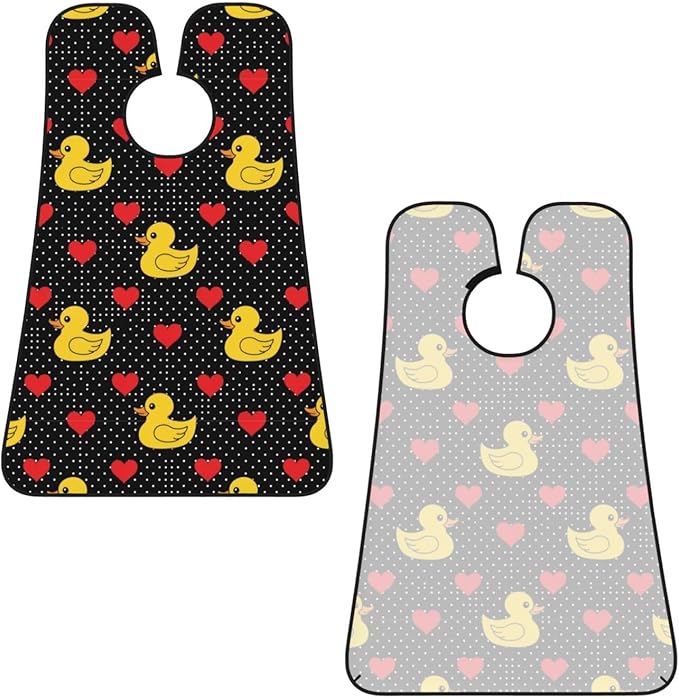 No-Slip Shaving Bib, Beard Grooming Apron with Strong Suction Cups, Black Red Love Hearts Polka Dots Yellow Rubber Ducks