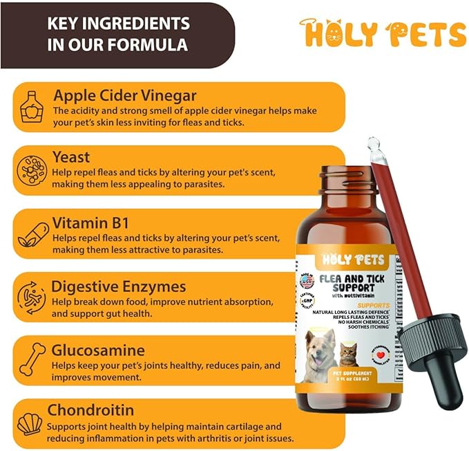 Flea & Tick Oral Drops for Dogs & Cats – Natural Herbal Supplement with B Vitamins – 2 oz, 60 Servings – Safe for All Breeds – Made in USA