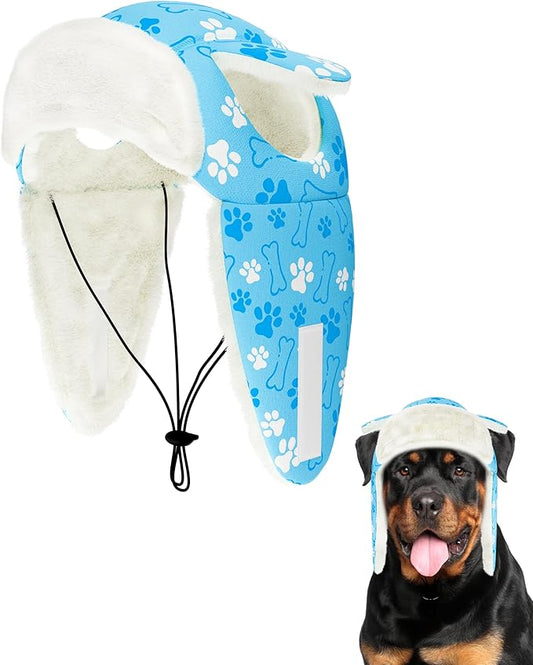 PET SHOW Dog Trapper Hat Winter Hat for Medium Large Dogs Warm Fleece Aviator Hats with Ear Flaps Adjustable Outdoor Boy Pet Pilot Costume Cap L-Blue Paw/with Ear Holes