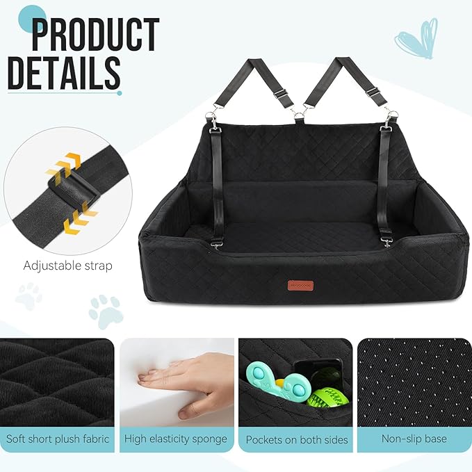 Large Dog Car Seat Under 100 lbs, Washable Dog Car Bed for 2 Medium Dogs, Detachable Pet Booster Seat with Storage Pocket and Seat Belt for Back Seat Dog Travel Bed