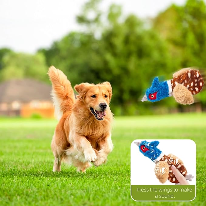 Pheasant (Bird) Dog Squeaky Toy for Aggressive Chewers - No Stuffing Chew Proof Plush with 4 Squeakers & Crinkle Wings, Durable Puppy Toys for Small Medium Large Dogs (Blue & Brown)