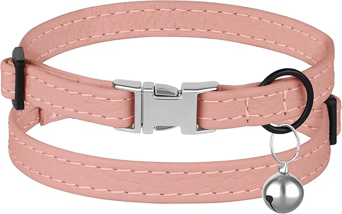 Leather Cat Collar with Buckle and Removable Bell - Non Breakaway Adjustable Soft Safety Small Pet Collars for Girl Boy Cats Kitten (Flamingo)
