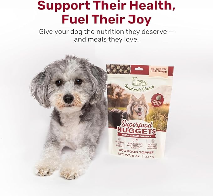 BADLANDS RANCH Superfood Nuggets – Freeze-Dried Raw Dog Treat & Food Topper, Nutrient-Dense Bison & Kale Formula, High Protein, No Artificial Additives, 8oz Bag