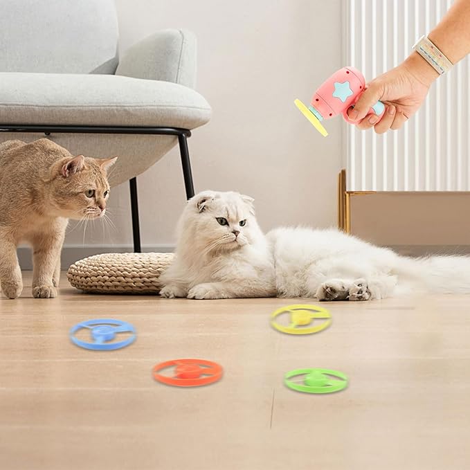 Andiker Cat Fetch Toy, Interactive Kitten Flying Disc Launcher Toy with 5 Colorful Flying Propellers for Cat Enrichment, Flying Saucer Toy for Cats for Training and Chasing (12 pcs)