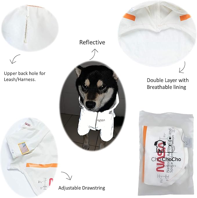 ChoChoCho NASA Dog Raincoats, Reflective Rain Jacket Water Proof, Dog Clothes, Cat & Puppy Stylish Streetwear Outfit (White, S)