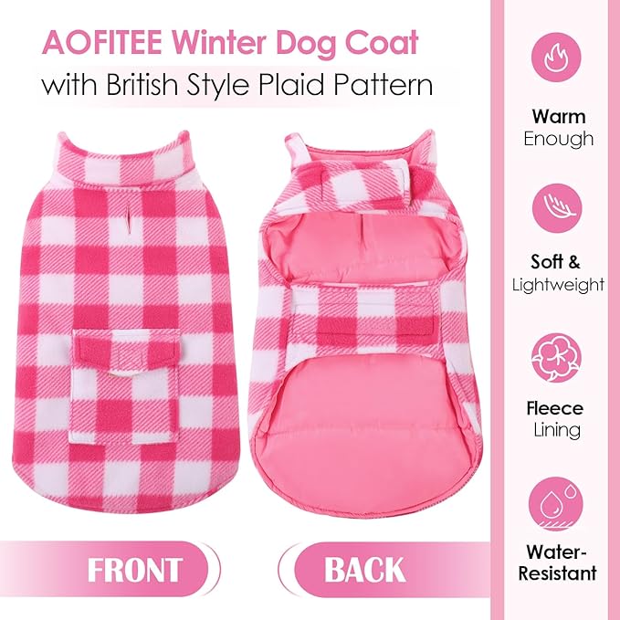 AOFITEE Dog Coat Plaid Dog Winter Coat for Large Dogs, Warm Dogs Jacket Christmas Sweater, Waterproof Pet Puffer Jacket, Reversible Pet Cold Weather Coats for Small Medium Large Pets, Pink XXXL