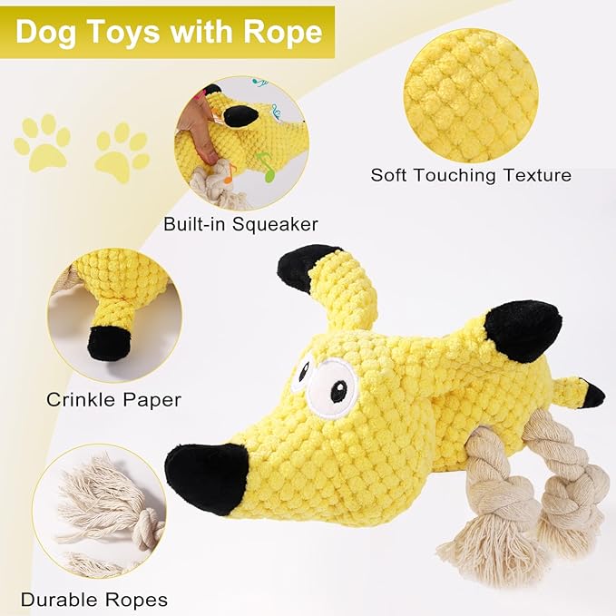 Squeaky Plush Dog Toys - Rope-Designed Interactive Dog Chew Toy for Large Dogs, Puppy Toys for Tug of War, Durable Pet Toys for Dogs