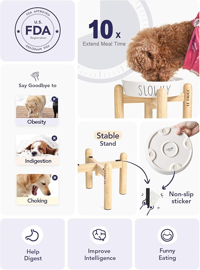 Ceramic Slow Feeder Dog Bowls Elevated for Small and Medium Breed with Wooden Stand, 1.5 Cups Dog Dishes to Slow Down Eating, Anti-Gulping Pet Feeding Dishes,White