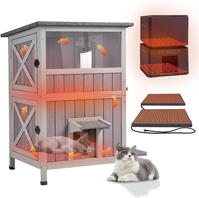 GUTINNEEN Extra Large Heated Cat House Outdoor 2-Story Insulated Cat House Weatherproof Feral Cat Shelter with Thermostat-Controlled Heating Pad, 6-Sided Thermal Liner for 1-4 Stray Barn Cats