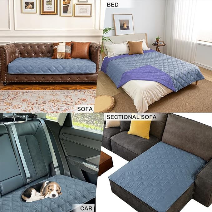 fuguitex Waterproof Dog Blanket Reversible for Small Dogs Resistant Leakproof Washable Couch Cushion Bed Protector Cover for Indoor Furniture Pet Friendly(52"*82",Violet Blue+ Light Blue)