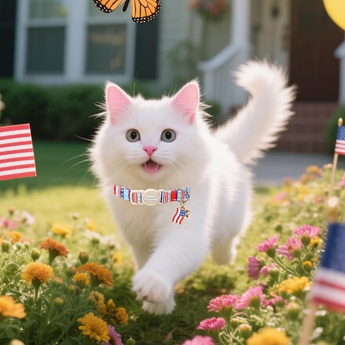 Unique Style Paws 4th of July Cat Collar,Cute Cat Collars with Love USA Pattern,Patriotic Kitten Collar with Breakaway Buckle,Ideal Gift for Boy Girl Cats
