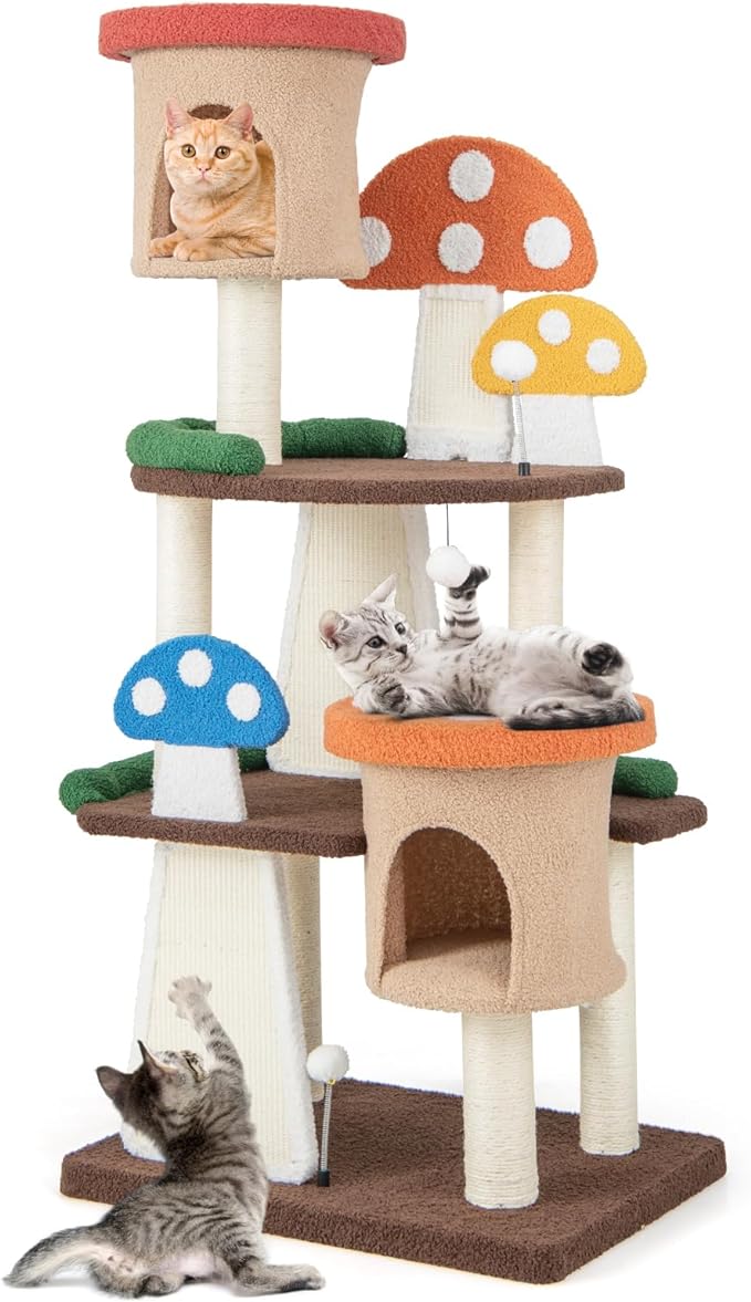 Tangkula Mushroom Cat Tree, Multi-Level Cute Cat Tower with Full-Wrapped Sisal Posts, Scratching Boards & Interactive Balls, 2 Cat Condo, Flower Cat Tree Tower for Indoor Cats Large Adult (57.5 Inch)