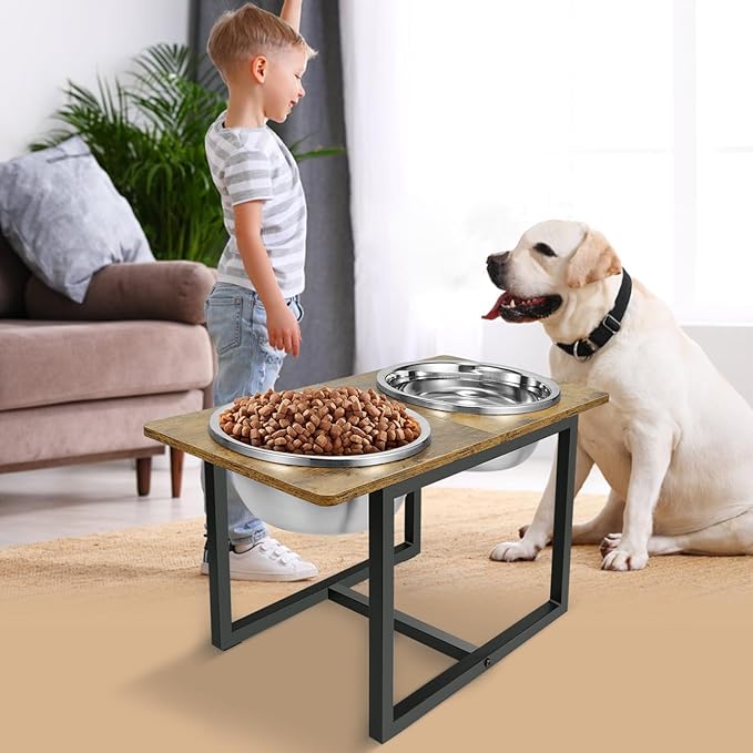 Elevated Dog Bowls for Large Dogs, Raised Dog Bowl Stand with Two X-Large Stainless Steel Bowls for Dogs, 3.5L Capacity, Rustic Brown