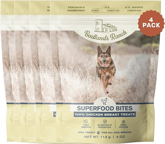BADLANDS RANCH - Superfood Bite, Freeze-Dried Raw Dog Treats - Protein Rich, Train & Reward, Traceable Single Ingredient by Katherine Heigl (4 Ounce (Pack of 4) Chicken Breast)