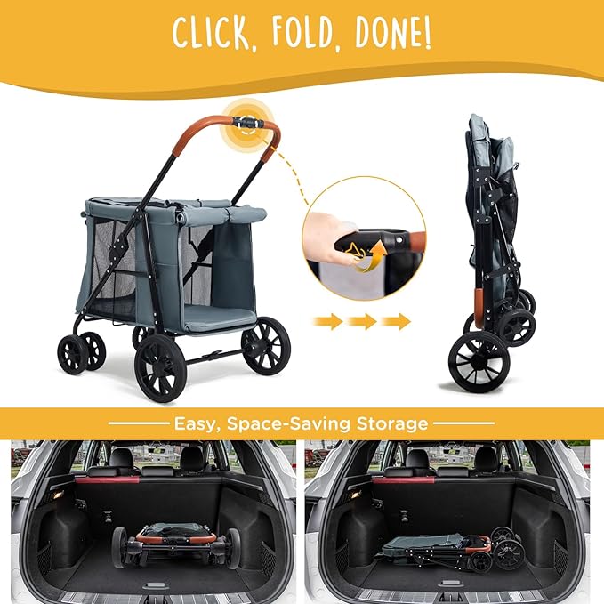 Scout Pet Stroller, 4-Wheel Design for Small/Medium Dogs - One-Button Fold, Adjustable Mesh Windows & Shades, 360° Swivel Front Wheels, Rear Wheel Brake for Safety, Grey