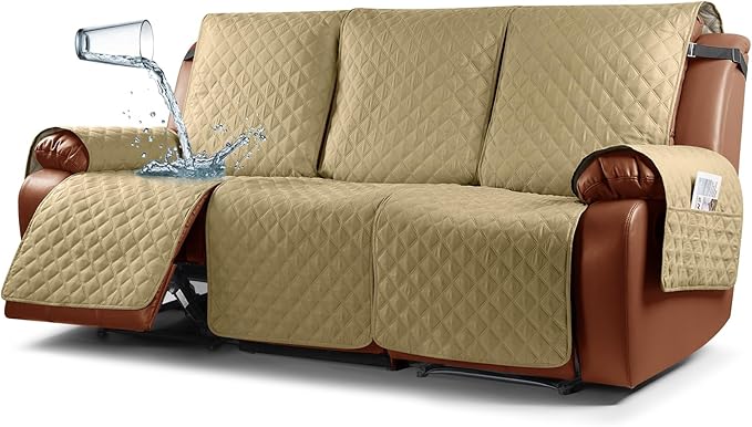 Ruaozz Waterproof Recliner Sofa Cover 1-Piece Couch Covers for Reclining Couches Reclining Sofa Cover Washable Furniture Protector with Elastic Straps Pocket for Kids, Pets (Sand, 3 Seater)