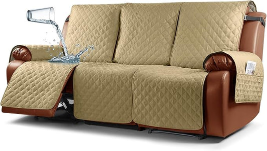 Ruaozz Waterproof Recliner Sofa Cover 1-Piece Couch Covers for Reclining Couches Reclining Sofa Cover Washable Furniture Protector with Elastic Straps Pocket for Kids, Pets (Sand, 3 Seater)