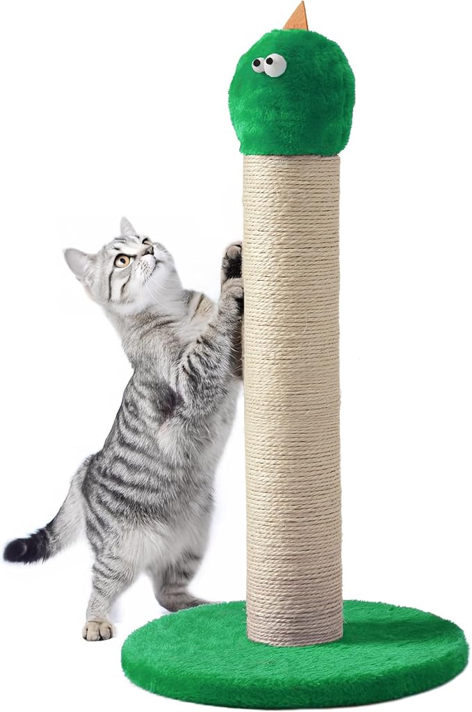 Indoor Cat Scratching Post: 22 in Tall Cat Scratcher with Natural Sisal Rope, Cute Monster Design Kitty Pet Tower with Sturdy Wood Base, Great Gift for Small and Large Kittens, Green