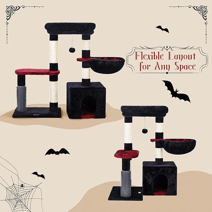 Hoopet 32-Inch Gothic Cat Tree for Indoor Cats – Black & Red Small Cat Tower with Sisal Scratching Posts, Cozy Condo, Plush Perch & Dangling Ball – Ideal for Kittens & Small Cats