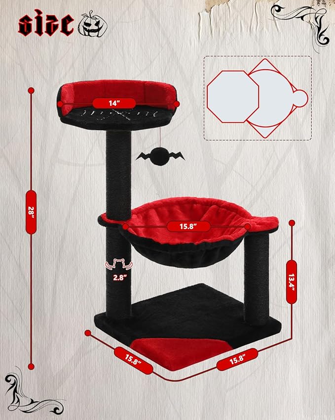 Gothic Cat Tree with Coffin Bed, Spooky Cat Tree with Black Scratching Posts & Halloween Cat Tower & Large Hammock for Small Kittens, Cat Toy Black Bat Included