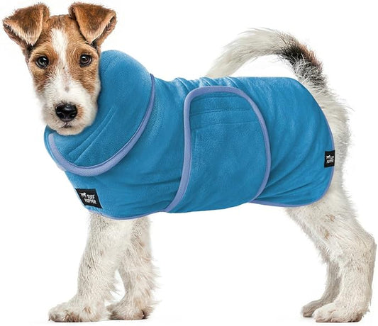 Tuff Pupper Fast Drying Dog Bath Robe | 800 GSM Plush Dog Towel Bathrobe/Dressing Gown | Super Absorbent Pet/Puppy Bathrobe | Adjustable Hood & Belly Strap | Super Soft | Fast Drying (XS, Blue)