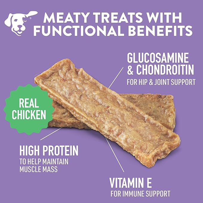 DOGSWELL Hip & Joint Dog Treats 100% Meaty, Grain Free, Glucosamine Chondroitin & Omega 3, Chicken Soft Strips 20 oz