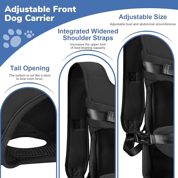 Pet Carrier Backpack, Adjustable Front Dog Carrier, Legs Out Dog Chest Carrier, Dog Back Pack for Small Medium Dogs Cats Puppies and Rabbits Hiking Camping (Black, Large)