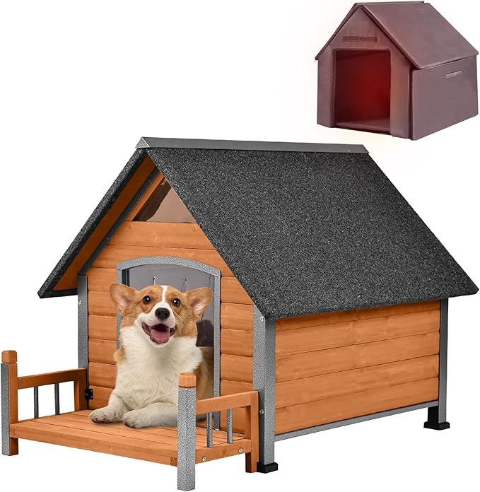 Dog House with Insulated Liner, Waterproof Dog Kennel for Small to Large Sized Dogs, Outdoor Doghouse 100% Insulated Puppy Shelter with Elevated Floor for Winter(Brown)