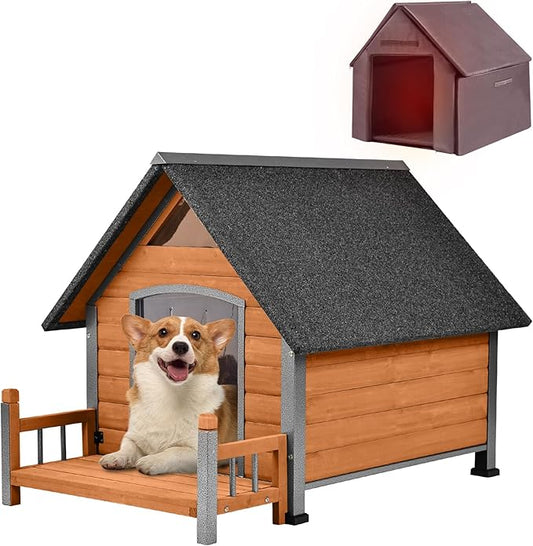 Dog House with Insulated Liner, Waterproof Dog Kennel for Small to Large Sized Dogs, Outdoor Doghouse 100% Insulated Puppy Shelter with Elevated Floor for Winter(Brown)