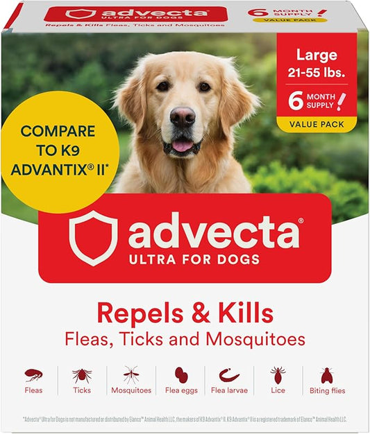 Advecta Ultra Flea and Tick Prevention for Dogs - Large Dog Flea and Tick Treatment & Control - Mosquito Repellent - Fast Acting Waterproof Topical Drops, 6 Month Supply
