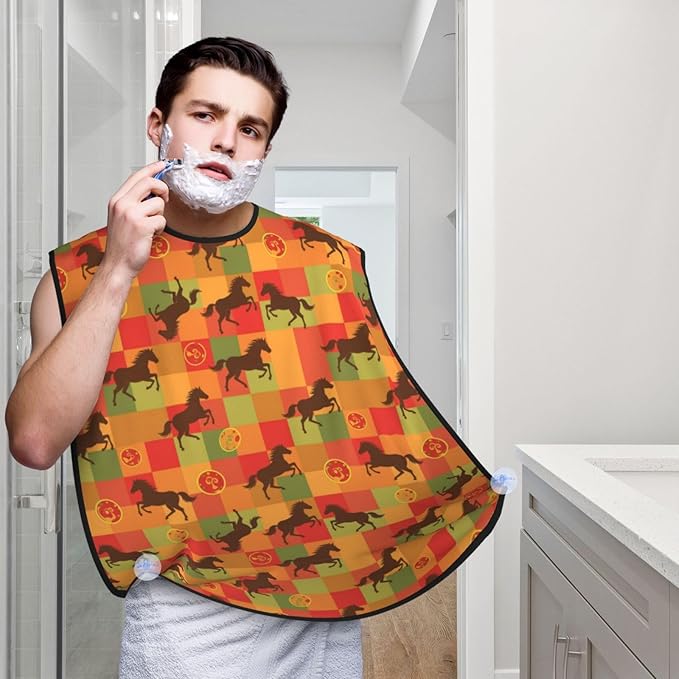 Waterproof Beard Grooming Bib, Horse Red Plaid Shave Bib, Non-Stick Hair Catcher for Shaving Trimming, Apron Essential for Men Dad
