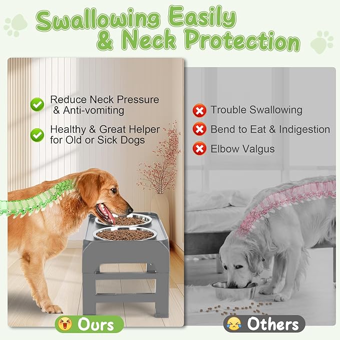 Elevated Raised Dog Bowl Stand with 2 Stainless Steel Bowls, Adjustable Height for Medium Large Dogs, 12.36" - 3.7" Foldable Feeder, Grey