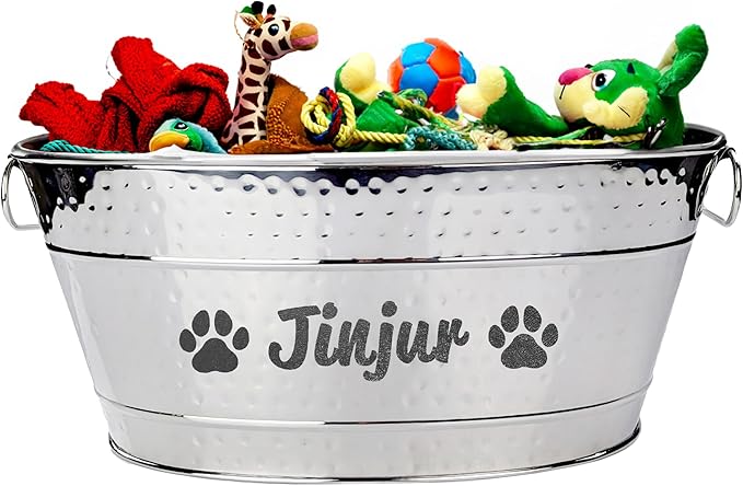 BREKX Personalized Metal Dog Toy Bin - Copper Galvanized Storage Bin with Handles, Basket for Pet Toys, Dog Toy Box, Pet Storage - Custom Dog Name Gift (Medium - Silver)