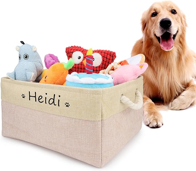 Personalized Dog Toy Box, Dog Toy Basket Storage with Cotton Handle, Customized Name and Paw Heart Print Puppy Toy Bin for Organizing Food Clothes and Pets Accessories(Paw Pink)