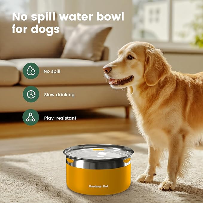 Gardner Pet Dog Bowls 1 Gallon (3.85L) Stainless Steel No Spill Dog Water Bowl, Slow Water Feeder Metal Bowls, Spill Proof Water Dispenser for Large Dogs, Promotes Healthy Hydration(Orange)