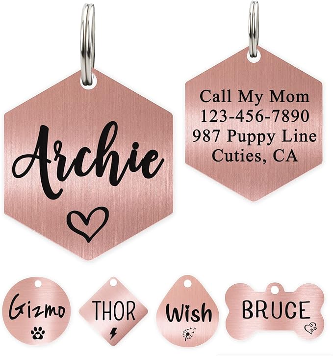 Ultra Joys Custom Personalized Dog ID Tag - Stainless Steel Hexagon Rose Gold Large