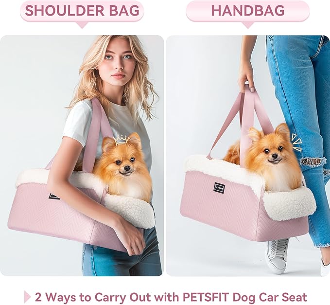 PETSFIT Cat Car Seat, Portable Console Dog Car Seat with Safe Protective Hooks, Luxury Pet Car Seat Includes Safety Leash and Storage Pocket for Pets Up to 9 lbs (Pink)