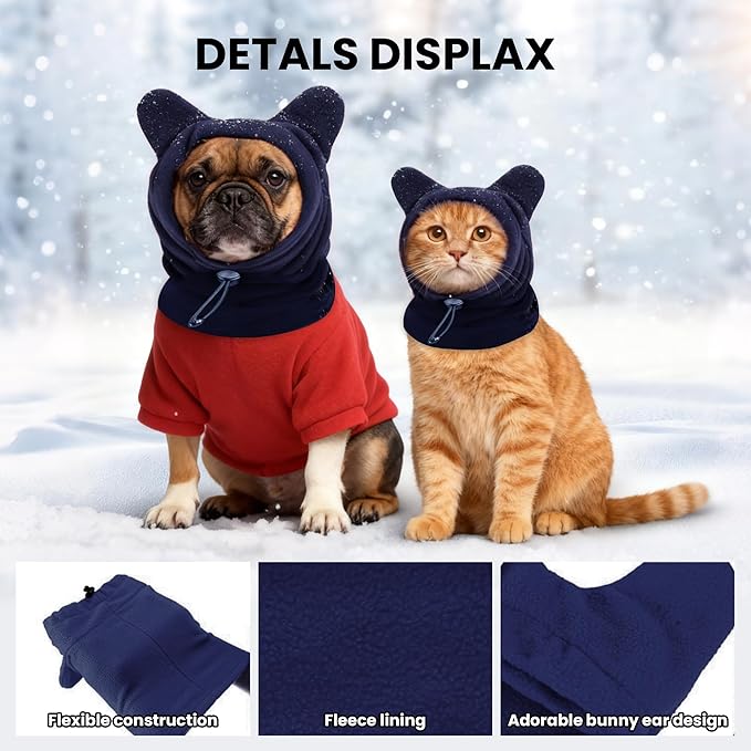Warm Hooded Hat for Dogs & Cats, Autumn/Winter Wool Pet Headwear with Cute Ears, Adjustable Pet Scarf for Cold Days, Soft Neck Warmer for Small/Medium/Large Pets (Blue, Large)