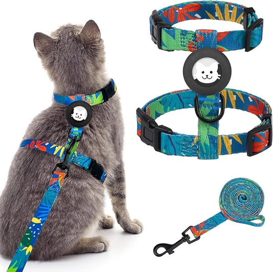 BINGPET Cat Harness and Leash Set Escape Proof for Walking,Adjustable Kitten Harness with Airtag Holder for Small Medium Large Cats (Green Leaves Print,Neck:8"-12",Chest:12.5"-18")