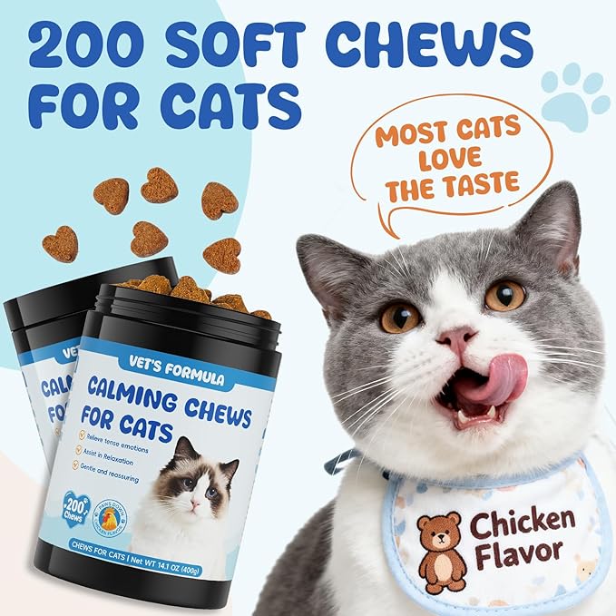 Calming Chews for Cats 200 PCS Cat Calming Treats with Chamomile & Melatonin for Cats Travel, Vet Visits, Separation Anxiety, Chicken Flavor