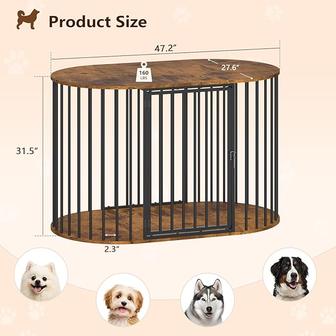 TVU 48 Inch Dog Crate Furniture, Heavy Duty Dog Kennel Indoor for Large Dogs, Oval Decorative Pet House End Table for Living Room, Bedroom, Hallway, 47.2" L x 27.6" W x 31.5" H, Rustic Brown, Black