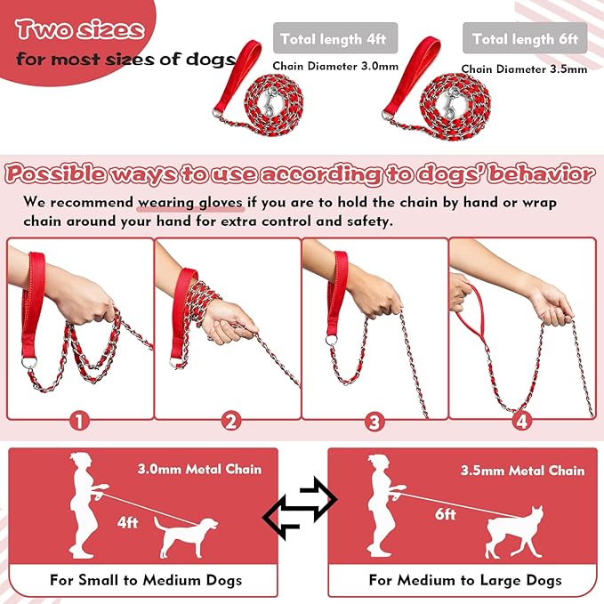 Heavy Duty Metal Dog Chain Leash with Comfortable PU Leather Padded Handle, Chew Proof for Medium Large Pooch Walking Training (4ft 3.5mm Red)