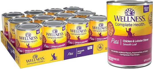 Wellness Complete Health Pate Adult Wet Cat Food, Natural, Protein-Rich, Grain Free, 12.5 Ounce, 12 Pack, (Chicken & Lobster)