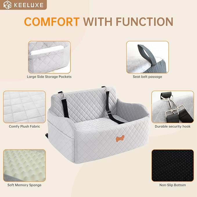 Car Seat for Large Size Dog, Booster Seat for Dogs Under 55 lbs or 2 Small Dogs, Soft Car Dog Bed Filling in Thick Memory Foam with 2 Safety Leashes and Storage Pocket (Grey)