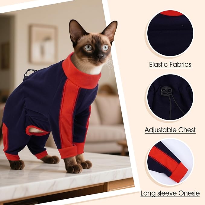 DENTRUN Cat Clothes with Anti-Shedding Fabric - Soft Recovery Suit & Breathable Lint-Resistant Cat Sweater for Wound Care & Hair Control, Kitten Onesie Pajamas, XS, Dark Blue