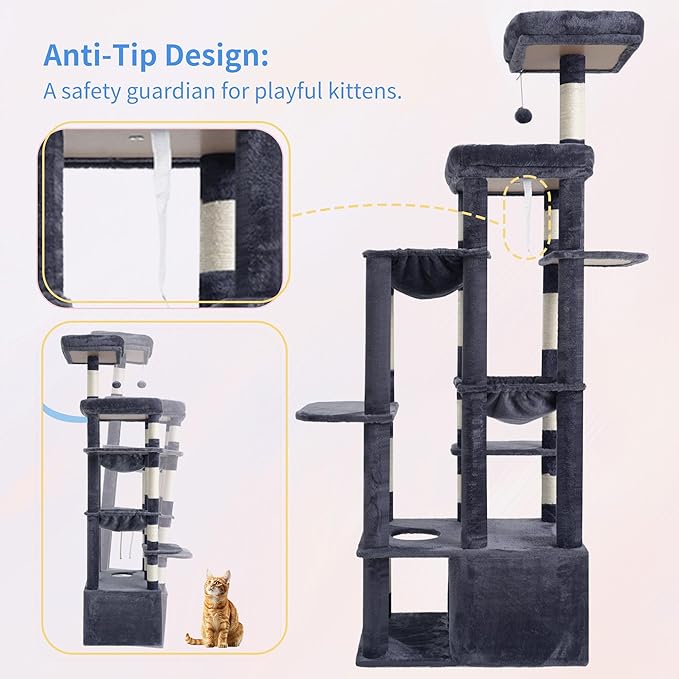 Heybly Cat Tree, 71-Inch Tall Cat Tower for Large Maine Coon Cats with Extra-Large Baseboard, Cat Condo Furniture with Multi-Level Platforms, 2 Hammocks and 12 Scratching Posts, Smoky Gray HCT037G