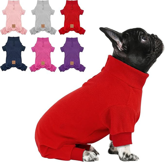 cyeollo Dog Pajamas Fleece Dog Pjs Thermal Puppy Onesie Stretchy Jumpsuits Doggie Warm Coat Outfits for Pet Cat Apparel Color Red